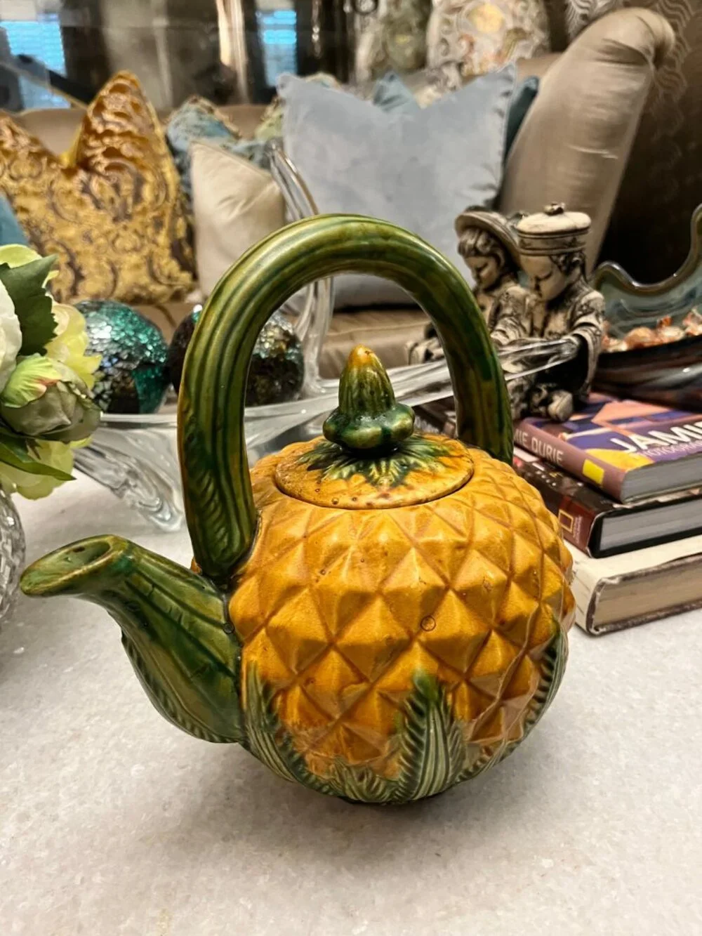 vintage Pivaoni textured pineapple green glazed handle and spout teapot